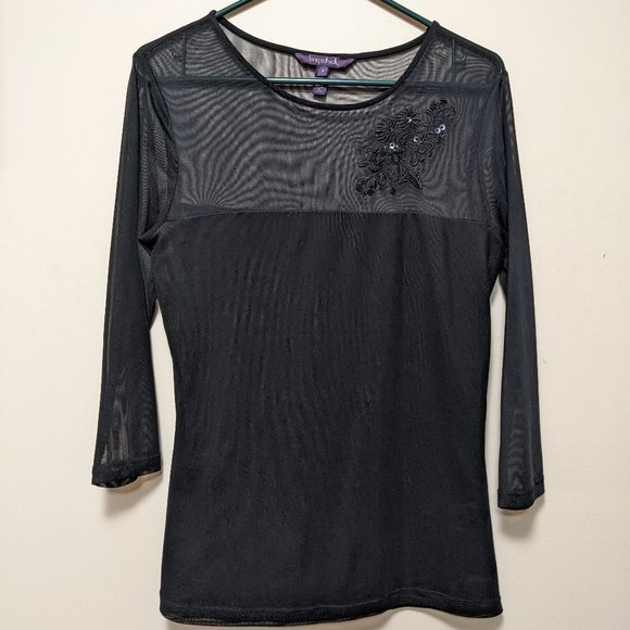 3 for $30 - LTS Black Mesh Top with Embroidery - Picture 1 of 4